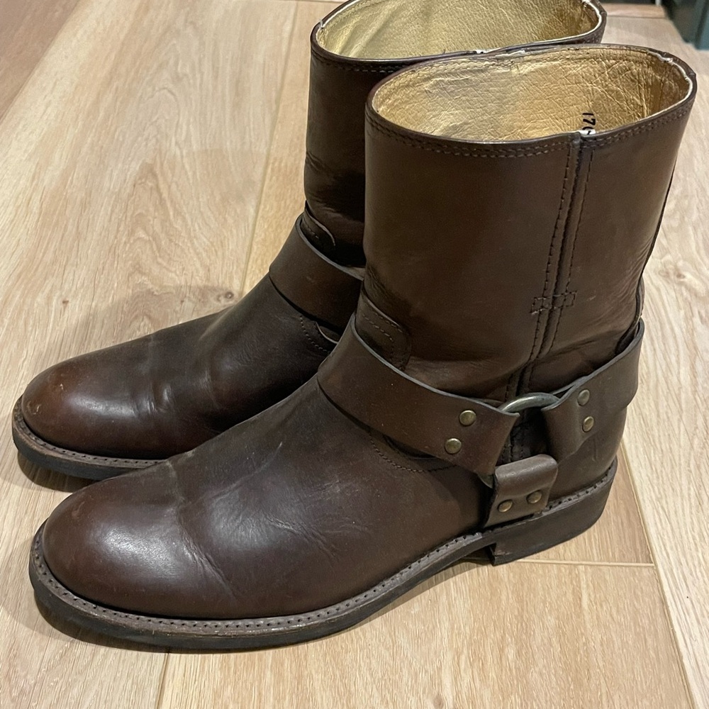 Frye Chocolate Leather Buckle Boots